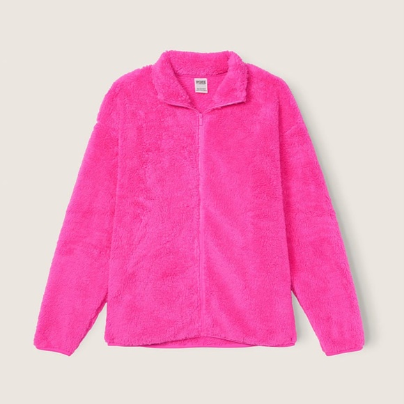 NWT Victorias Secret ATOMIC PINK Teddy Full Zip Jacket Barbie Pink - Picture 3 of 5